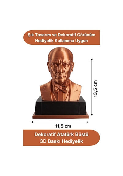Atatürk Mustafa Kemal Atatürk Büstü 3d Baskı Dekorasyon Biblo Bakır Renk Premium Tasarım Şık Obje E