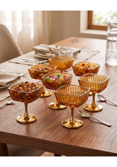 Hürrem Gold Ayaklı Kehribar Cam Lokumluk & Sunumluk Sarı