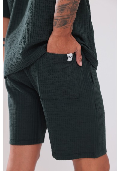 Rowinger Waffle Dokulu Oversize T-shirt Ve Şort Erkek Takım Darkgreen