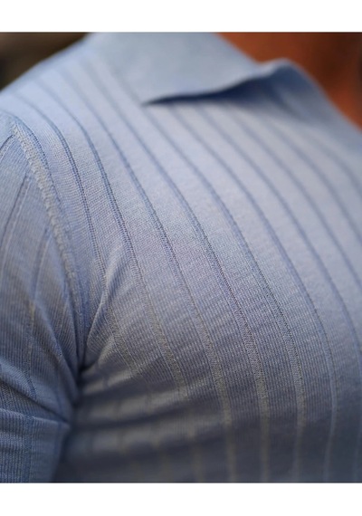 Erkek Fitilli Polo Yaka Triko T-shirt Mavi