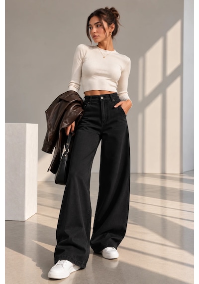 Bb Butik Basic Yüksek Bel Baggy Palazzo Pantolon Dm3535 siyah