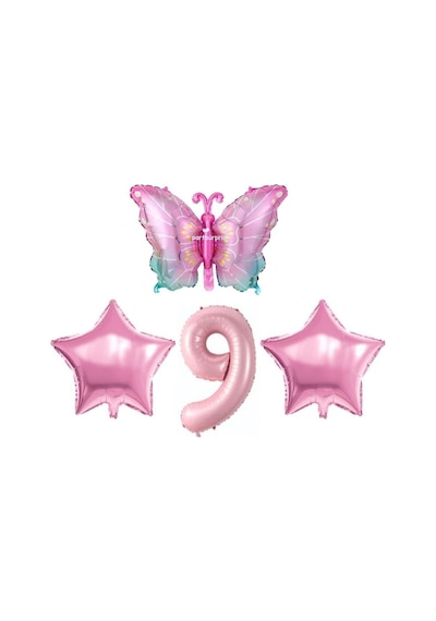 Pembe Kelebekli 9 Yaş Folyo Balon Set 2 Yaş Mavi