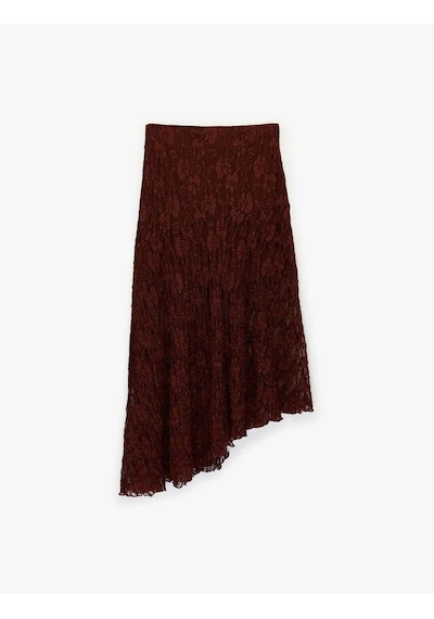 Koton Yüksek Bel Asimetrik Dantelli Midi Bordo Kadın Etek 6wal70049ık Bordo