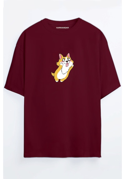 Kawaii Köpek Baskılı Oversize T-shirt Bordo
