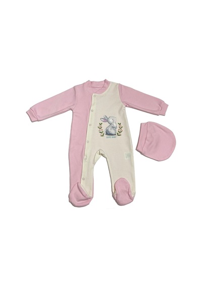 Babysena Tavşan Baskılı Kız Bebek Tulum Takımı Pembe