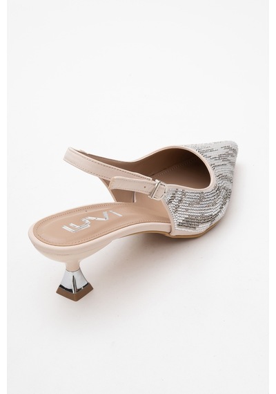 Luvishoes Luvi Shoes Ushes Bej Saten Taşlı Kadın Kısa Topuklu Abiye Ayakkabı Bej