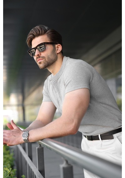 Madmext Grimelanj Slim Fit Hakim Yaka Triko Erkek Tişört E7189 Gri Melanj