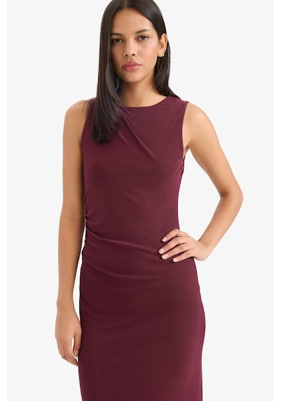 Defacto Bodycon Vücudu Saran Yuvarlak Yaka Tül Kolsuz Midi Elbise D8036ax25aubr232 Bordo