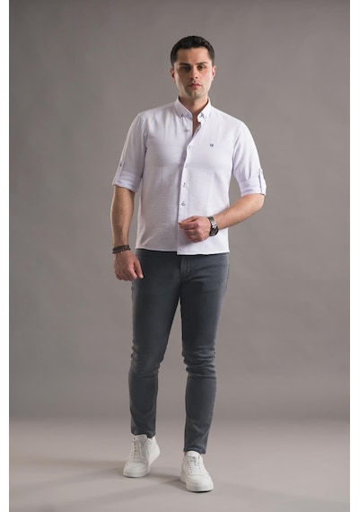 Slimfit Armürlü Yaka Düğmeli Katlamalı Uzun Kol Erkek Gömlek 001