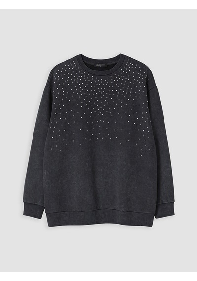 Lcw Comfort Mavi Bisiklet Yaka Taşlı Kadın Sweatshirt