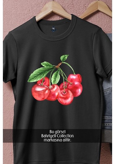 Oversize Double Cherry Kiraz Tasarımlı Unisex T-shirt Siyah
