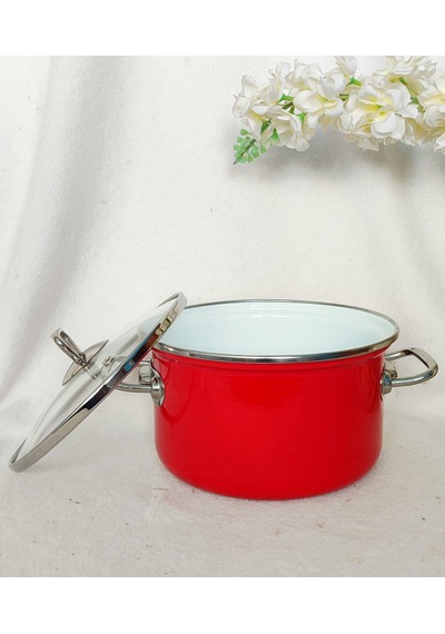 Kırmızı Emaye Tencere 3 Litre 22 Cm Çap Krom Detaylı Süt Yoğurt Çorba Tenceresi Kırmızı