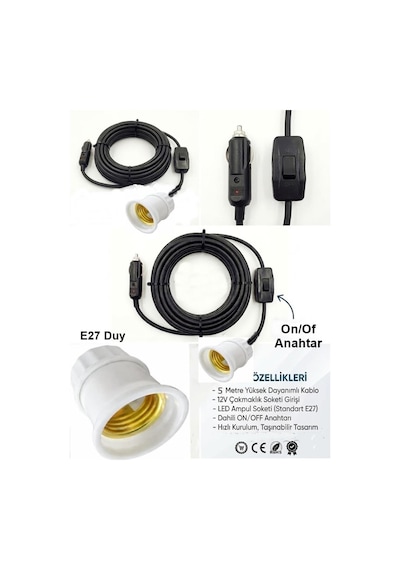 Araç Çakmaklık Grişli E27 Duylu Anahtarlı Araç Seyyar Kablo Çakmaklık Fşli 12v/16a 2 X1,5mm Ttr Bakır 5 Mt-siyah