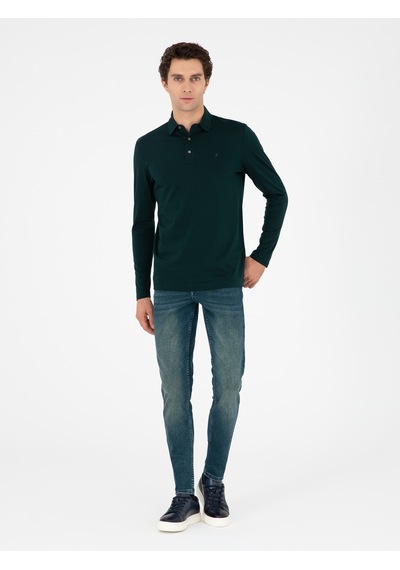 Zümrüt Regular Fit %100 Pamuk Polo Yaka Sweatshirt Yeşil