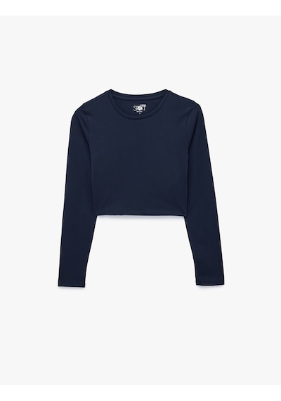 Koton Pamuklu Bisiklet Yaka Uzun Kollu Crop Spor Tişört Lacivert 7wak10097nk