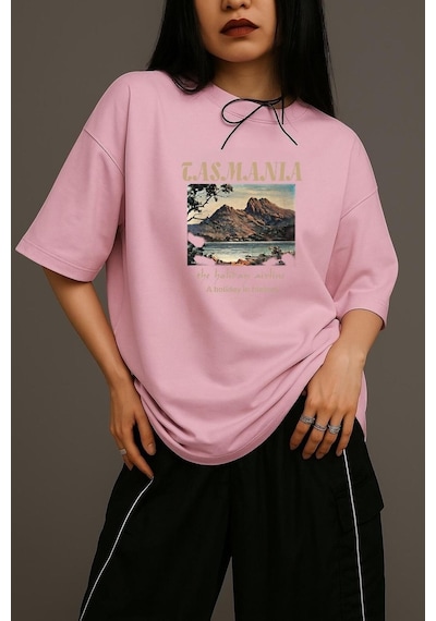 Tasmania Baskılı Unisex Oversize Tişört Pembe