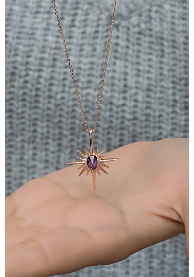 925 Ayar Gümüş Mor Taşlı Kutup Yıldızı Kolye Rose Gold