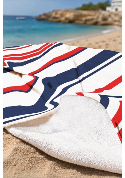 Çizgili Marine Beyaz Lacivert Plaj Havlusu - Kırmızı Çizgi Detaylı Hızlı Kuruyan Mikrofiber Havlu Kuru Defne