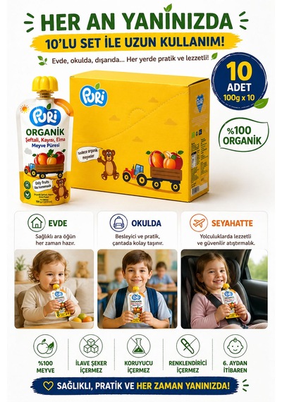 Organic Şeftalili Kayısılı Püresi 100g  x 10 %100 Organik İlave Şekersiz 10'lu Paket