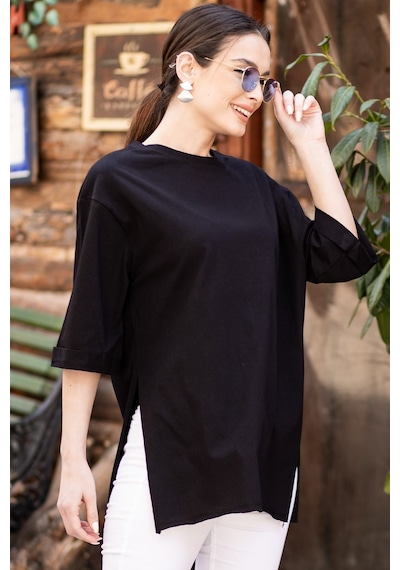 Armonika Kadın Siyah Yuvarlak Yaka Geniş Kollu Yanı Yırtmaçlı T-shirt Arm-19y012003
