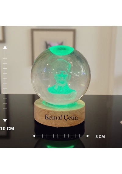 Kişiye Özel Büyük Boy Işıklı Ahşap Kaideli Atatürk Temalı Cam Küre 8cm
