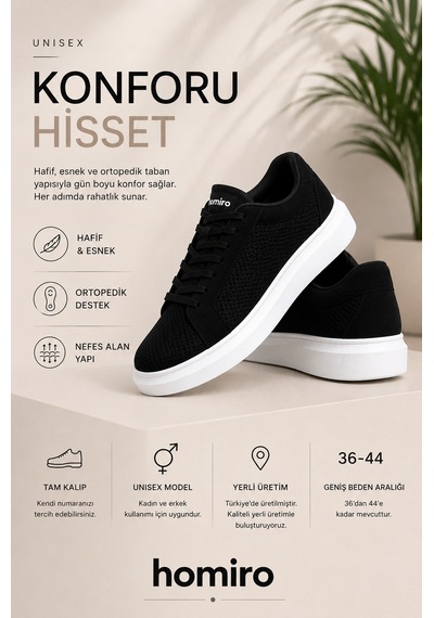 Günlük Rahat Taban Bağcıklı Sneaker Spor Ayakkabı Siyah Beyaz