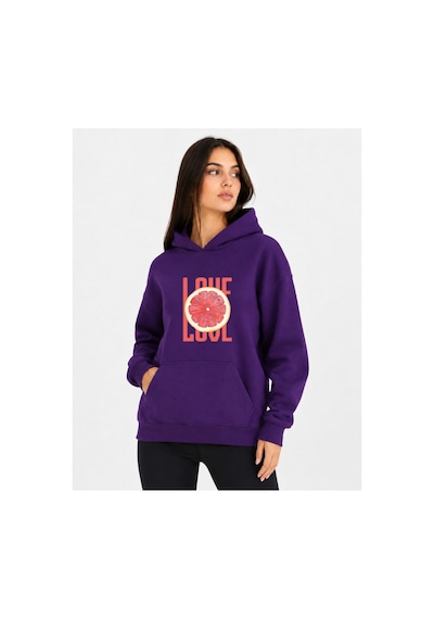 Herkesemoda Portakal Dilimi Baskılı Kapüşonlu 2 İplik Şardonlu Sweatshirt Mor