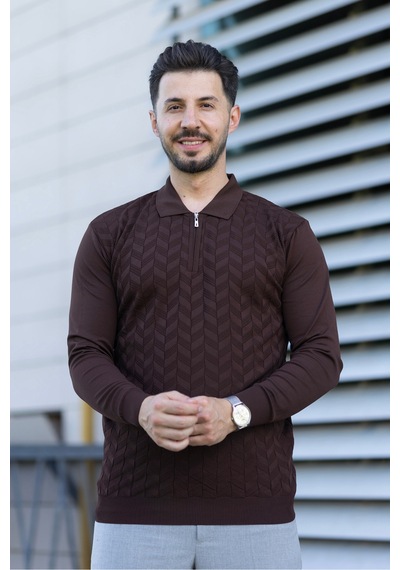Hk Premium Erkek Triko Kazak Zikzak Desenli Polo Yaka Fermuarlı Slim Fit Kahverengi