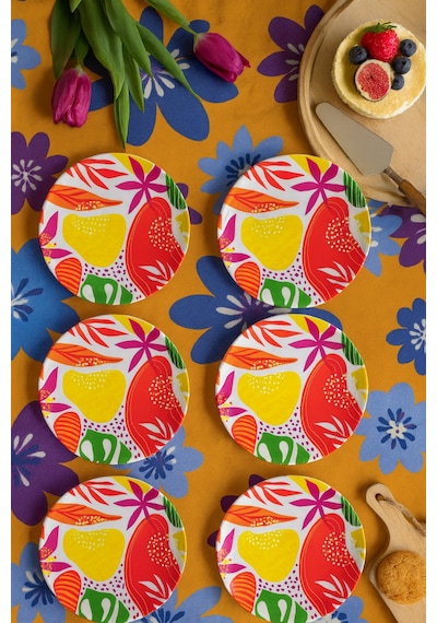 Grandora Renkli Tropikal Desenli 6'lı Pasta Tabağı Seti 20 Cm - Modern Pasta, Tatlı Ve Sunum Tabağı Çok Renkli