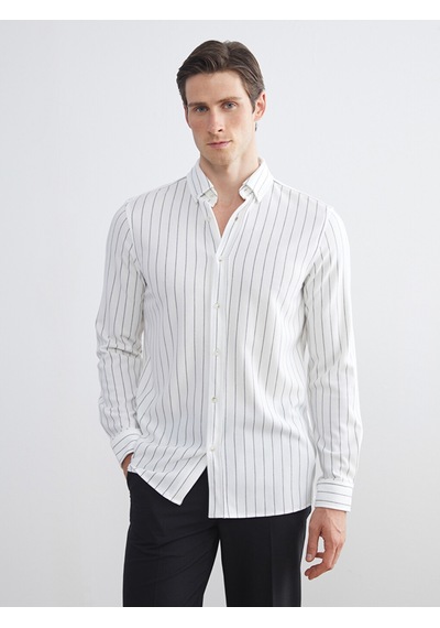 Lcw Vision Ekru Slim Fit Uzun Kollu Çizgili Erkek Gömlek