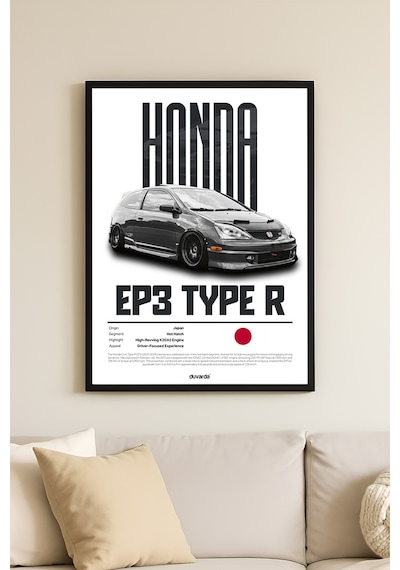 Honda Ep3 Type R Araba Siyah Ahşap Çerçeveli Poster, Dekoratif Duvar Tablosu