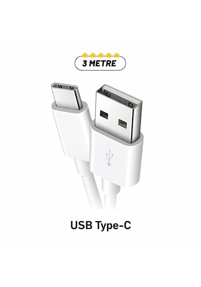 Uzun 3 Metre Usb-c Kablo Esnek, Sağlam Ve Uzun Ömürlü Type-c Kablo Beyaz