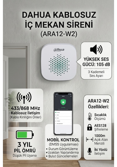 Dahua Dhı-ara12-w2 868 Kablosuz Iç Mekan Alarm Sireni Yüksek Sesli Wireless Indoor Siren Sesli Uyarı Sistemi