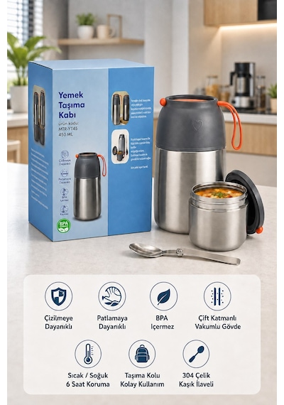 450 Ml Paslanmaz Çelik Sızdırmaz Termos Yemek Taşıma Kabı / Sefer Tası Beslenme Kutusu Çelik Rengi