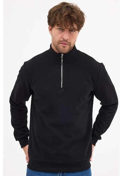 Mmetalic Erkek Siyah Standart Fit Normal Kesim Pamuklu Yarım Fermuarlı Dik Yaka Pamuklu Sweatshirt Siyah