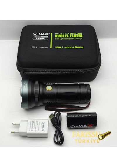 Q-max Ps-3500 Şarjlı Profesyonel Avcı El Feneri 4000 Lümen 1 Km Menzil 7800 Mah Siyah