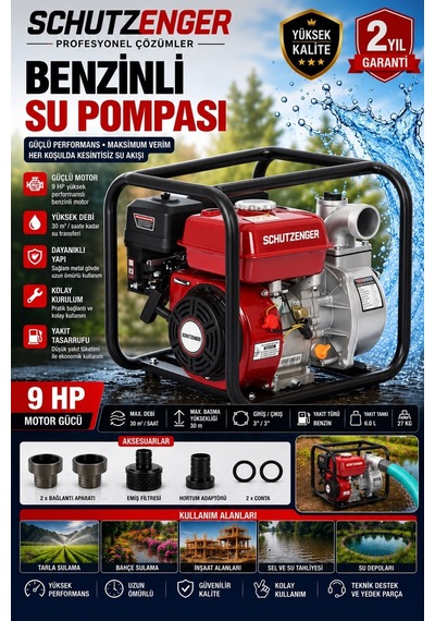 9 Hp 3 Inç Çıkışlı Benzinli Su Pompası 200 Mt Yatay Su Basar 4 Zamanlı Motor Turbo Güç Kırmızı