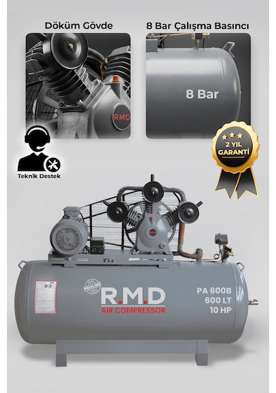 R.m.d Kompresör Pistonlu Hava Kompresörü 600 Lt 3 Kafa 8 Bar 10 Hp I Paı600b