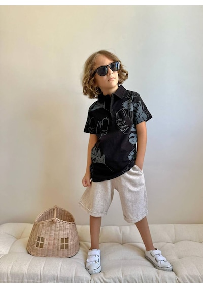 Jolly Kids Erkek Çocuk Polo Yakalı Keten Şortlu Takım Siyah