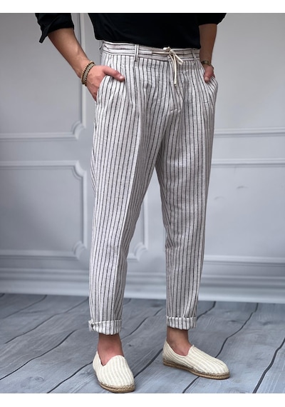 Modefendi Linen Kumaş Çizgi Detaylı Pantolon Siyah