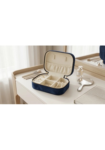 Takı Kutusu Düzenleyici Seyahat Çantası Kolye Yüzük Küpe Organizer Kadife Lacivert 12cmx8cm
