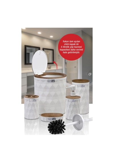 Okyanus Home Diamond Beyaz Ahşap Click Kapak 5'li Banyo Seti Beyaz
