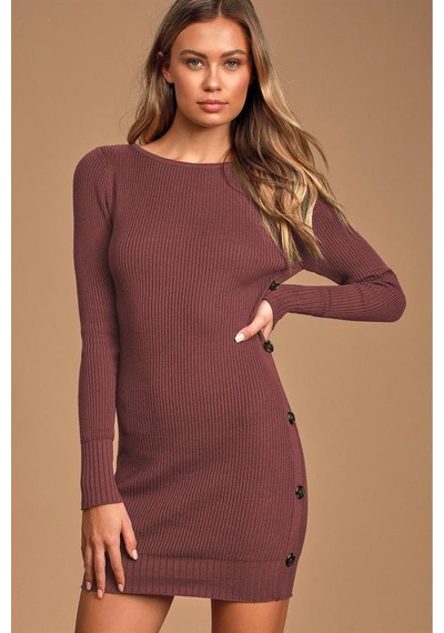 Aqe Fashion Kadın Geniş Yaka Uzun Kol Yandan Düğme Detaylı Tarçın Triko Elbise Tarçın