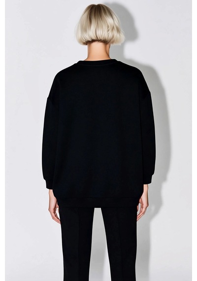 Benerly Kadın Bisiklet Yaka Düşük Kol Oversize Kalıp Sweatshirt Fonksiyon siyah