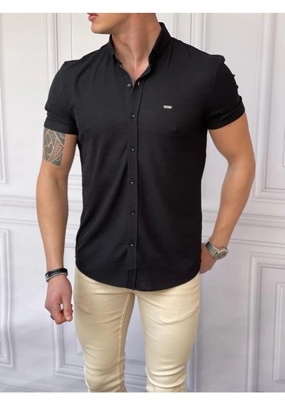 Modefendi Slim Fit Pamuk Örme Polo Yaka Kısa Kollu Gömlek Siyah