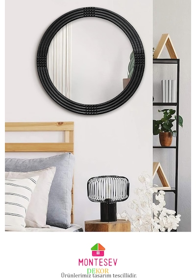 Safir Ahşap Siyah Yuvarlak Ayna Işlemeli Duvar Banyo Aynası 43 Cm Siyah