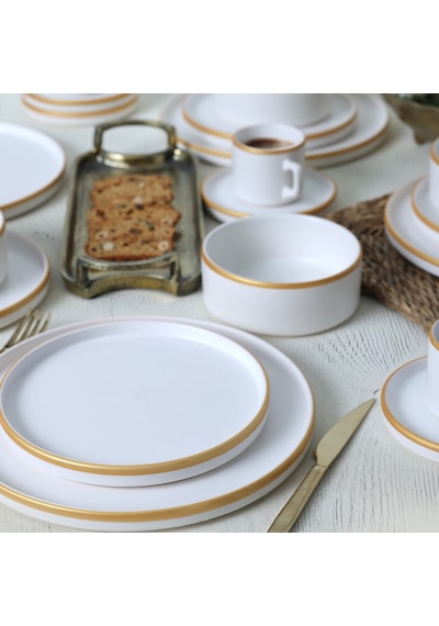 Keramika Mat Beyaz Gold Fileli Stackable Yemek / Kahvaltı Takımı 20 Parça 4 Kişilik