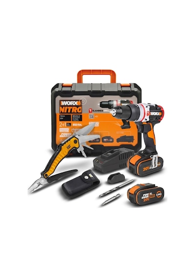 Worx WX354.4CK 20V 4.0AH Li-ion Çift Akülü Kömürsüz Profesyonel Şarjlı Darbeli Matkap + DA980045 9 Çok Fonksiyonlu 27 CM Çelik Kamp Çakısı