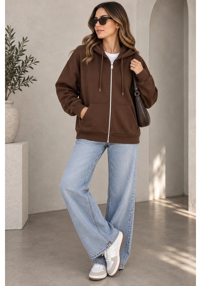 Nazzain Oys Kumaş Fermuarlı Uzun Sweatshirt Kahverengi