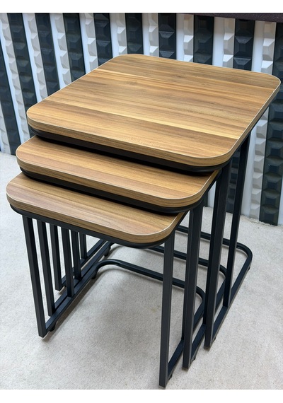 3 Lü Zigon Sehpa Seti Metal Ayaklı Ahşap Desen Tabla Modern Tasarım Amalfi Cevizi
